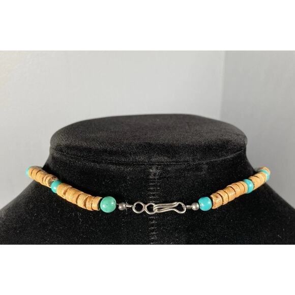 Vintage Tibetan Turquoise & Coconut Shell Collar Necklace Silver Clasp 15.5” - Picture 3 of 11